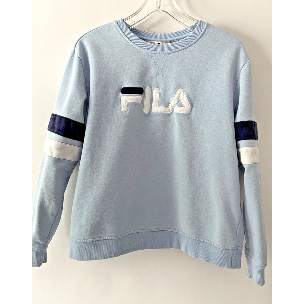 FILA Womens Size M Varsity Crewneck Sweatshirt Light Blue Long Sleeve Athleisure